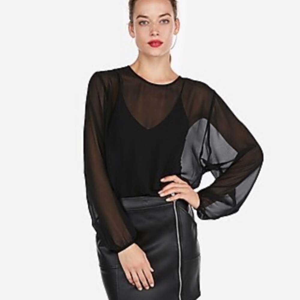 ‼️ trending‼️ 2/$35 EXPRESS bodysuit with sheer overlay EUC, Black & rose petal